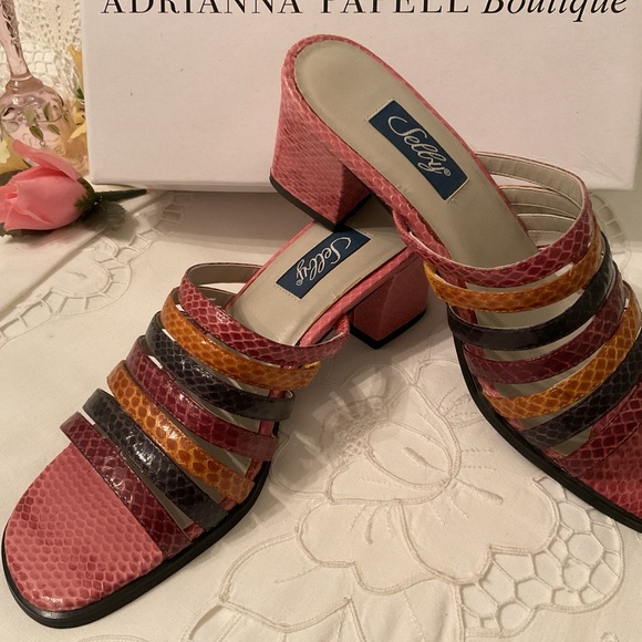 SELBY LEATHER LOOKS LIKE NEW MULTI COLOR BLOCK HEEL SANDALS, SIZE 7 NARROW - Picture 3 of 16